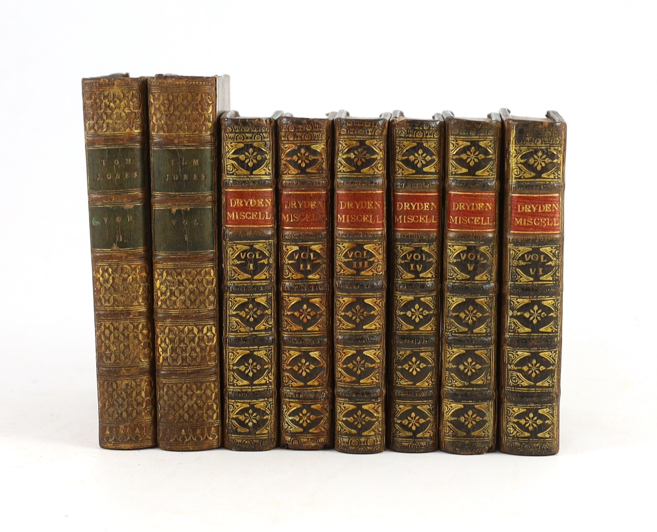 Fielding, Henry - The History of Tom Jones….2 vols, 8vo, half calf, with portrait, after Hogarth and 8 plates by George Cruikshank, James Cochrane, London, 1831 and Dryden, John (editor) - Miscellany Poems, 6 vols, 4th e
